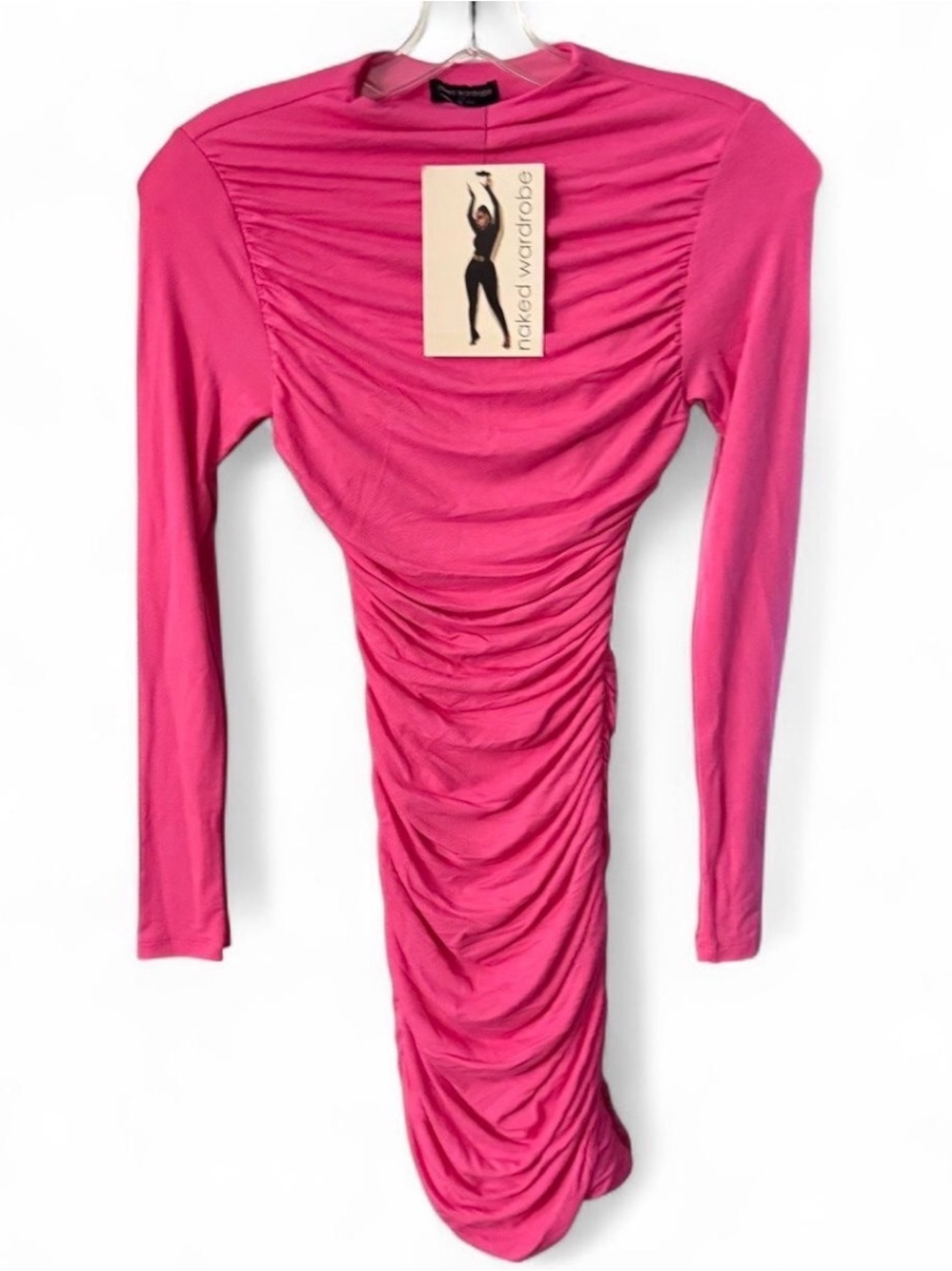 Naked Wardrobe Hot Pink Ruched Long Sleeve Dress XS